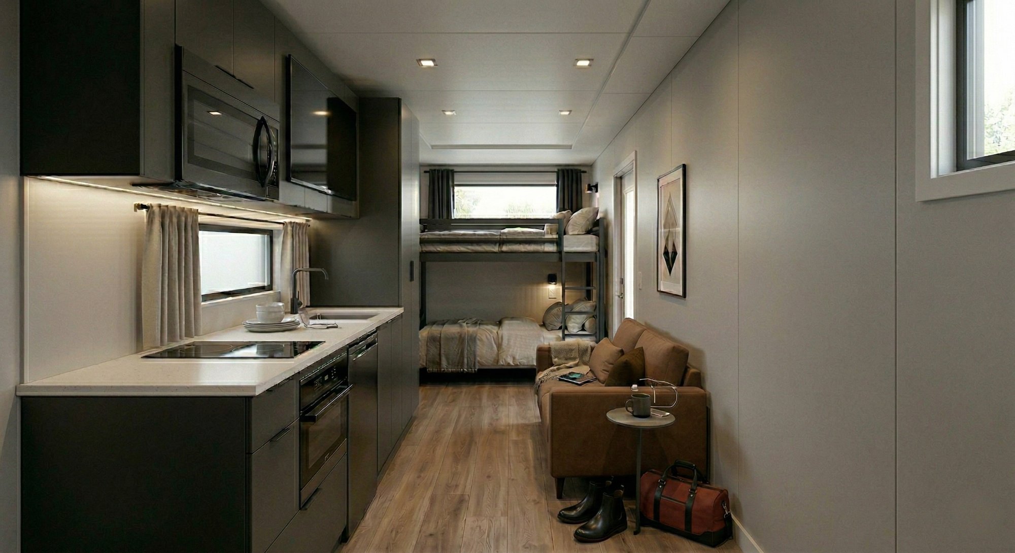 Capsul bunk configuration interior with kitchen and living area