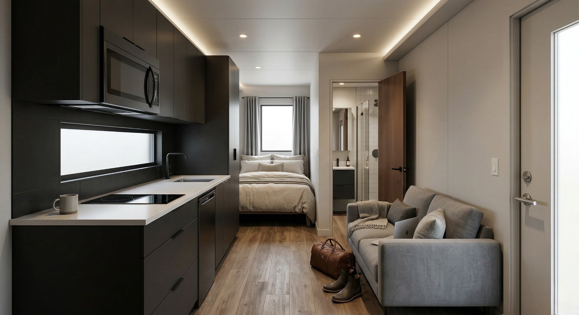 Capsul luxury workforce interior with kitchen, bedroom and bathroom